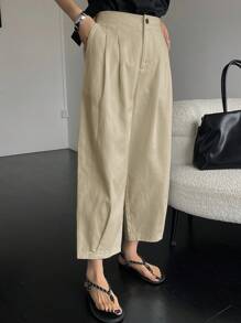 DAZY 女士纯色前扣简约休闲长裤，教师裤 - 卡其色 - 查看 5