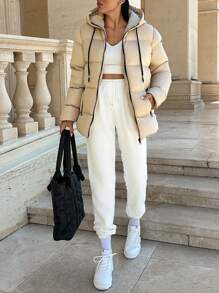 SHEIN Cottnline Beige Contrast Zipper Detailed Padded Short Jacket - Beige - View 3