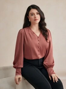 Maija Blusa informal de manga larga con botones delanteros, cuello en V y unicolor, para atuendos de mujer de talla grande en otoño e invierno
