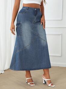 SHEIN Essnce Chân váy denim cài nút cỡ lớn có túi - Rửa tối - Xem 6