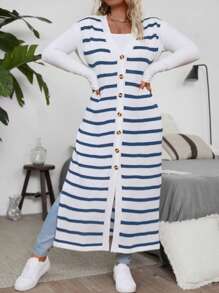 Franclia 大码女款条纹撞色长款开衫 - 彩色 - 查看 5