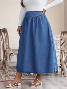 SHEIN LUNE 大码荷叶边简约牛仔裙，休闲日常穿着