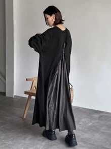 FRIFUL 女式宽松后背系带蝙蝠袖长袖连衣裙，春夏 - 黑色 - 查看 8