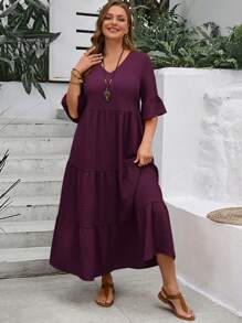 Rosumi 大码女式深 V 领荷叶边袖多层下摆长款黄色连衣裙（夏季）