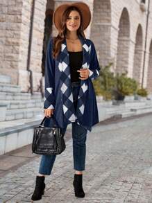 EMERY ROSE Plus Size Women's Plaid Patchwork Open Front Long Casual Jacket, Spring Autumn - Navy Blue - View 4