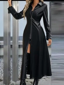 SHEIN Clasi Women's Solid Color Long Regular Jacket, Autumn - Black - View 5