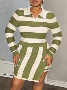 Slaydiva 2pcs Asymmetric Stripes Polo Collar Women Plus Size Casual Knitted Set - Multicolor - View 1