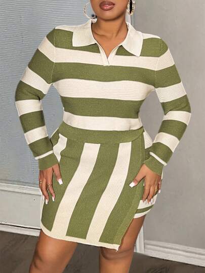 Slaydiva 2 件套不对称条纹 Polo 领女式大码休闲针织套装