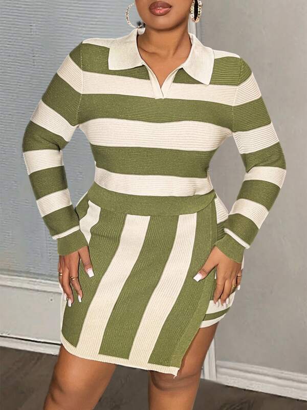 Slaydiva 2pcs Asymmetric Stripes Polo Collar Women Plus Size Casual Knitted Set