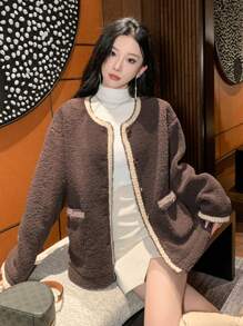 DAZY Women Round Neck Warm Cardigan Regular Jacket, Winter,Fall Women Clothes,Thermal Lined Women Coats - Coffee Brown - View 4