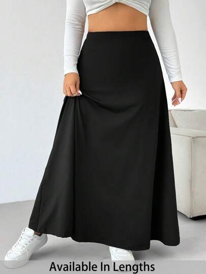 SHEIN Tall CURVE Plus Size Solid Color Black A-Line Skirt,Suitable For Autumn And Winter