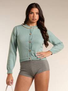 Zolique Women's Urban Style Front Button Studded Solid Color Long Sleeve Sweater Fall Cloth For Women - Grey - View 1