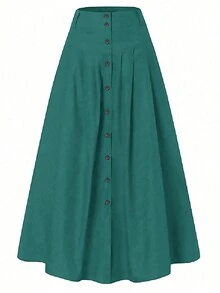 女士休闲纯色腰部口袋A字长裙，百搭前开襟设计，秋季款