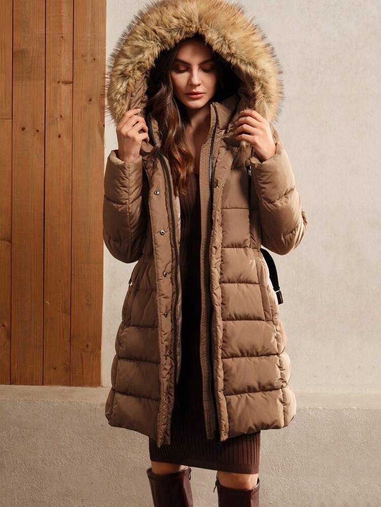 Women's Long Thickened Detachable Hooded Cinched Waist Windproof Zipper Padded Coat, Winter Clothes