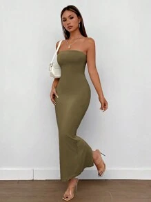 SHEIN PETITE 开叉背筒夏季女装连衣裙 - 橄欖綠 - 查看 4