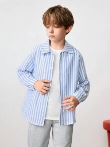 2pcs/Set Tween Boy Casual Striped Collared Button-Up Woven Shirt With Shawl, Long Sleeve