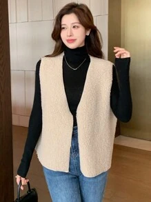 DAZY 女士纯色前扣无袖简约休闲夹克 - 米色 - 查看 6