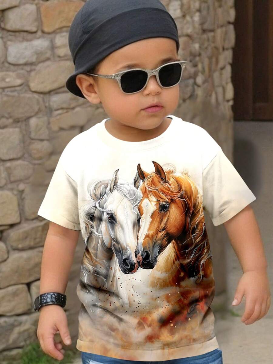 SHEIN Baby Jungen Lässig minimalistisch stilvoller Pferde-Muster Rundhals Loose Kurzarm T-Shirt, geeignet für den Sommer