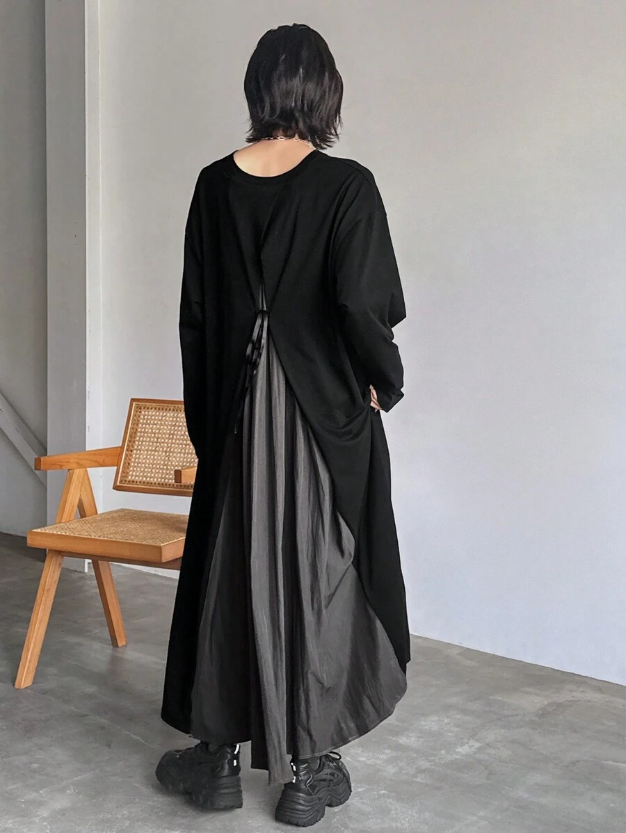 FRIFUL 女式宽松后背系带蝙蝠袖长袖连衣裙，春夏 - 黑色 - 查看 1