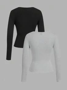 SHEIN EZwear 2 件女式方领修身长袖休闲 T 恤套装，适合秋冬季 - 彩色 - 查看 2