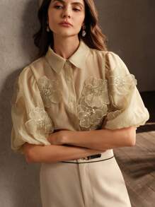 Anewsta Women's Elegant Puff Sleeve Decorative Flower Mallard Color Blouse Women Shirt
