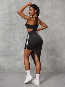 Easithlete Women's Color Block Striped Hollow Out Asymmetrical Hem Fitted Sports Dress - Black - View 2