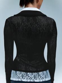 Textured Stripe Sheer Mesh Fitted Shirt - Black - View 2