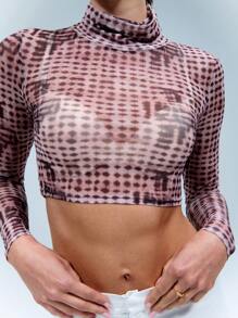 SHEIN Unity Abstrakt pricktryckt mesh rullhals långärmad topp - Multifärgad - Visa 6