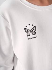 SHEIN 少女秋冬时尚蝴蝶动物图案抓绒保暖休闲运动套头卫衣，带口袋 - 白色 - 查看 4