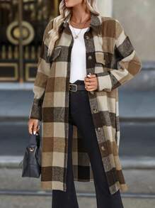 Chiquease Women's Thicken Warm Plaid Shirt Collar Patch Pocket Long Overcoat