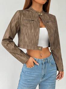 SHEIN PETITE Handsome Women's Jacket With Sfumato PU Fabric Zipper Decoration ,Petite Women - Brown - View 7