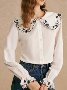 Poéselle 女士优雅迷人的彼得潘领长袖喇叭袖衬衫白衬衫纽扣女士衬衫可爱衬衫刺绣蕾丝茶会服装彼得潘领外出上衣 100%