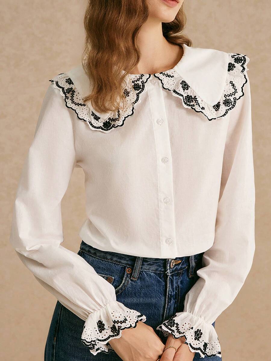 Poéselle 女士优雅迷人的彼得潘领长袖喇叭袖衬衫白衬衫纽扣女士衬衫可爱衬衫刺绣蕾丝茶会服装彼得潘领外出上衣 100%