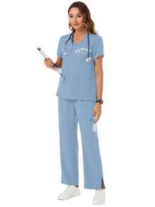 TaskEZ Women's Letter Print V-Neck Short Sleeve Pocket Top And Drawstring Waist Pants Casual Uniform Scrub Set