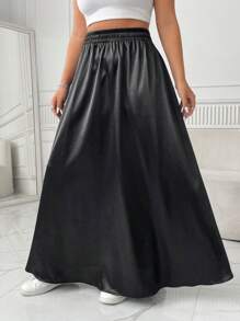 SHEIN EZwear 大码女式褶皱衬衫和简约 A 字裙，休闲日常服装 - 黑色 - 查看 5