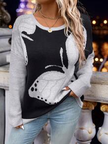SHEIN LUNE Plus Size Women's Casual Butterfly Pattern Dropped Shoulder Long Sleeve Pullover Sweater Knit Pullover Fall Winter - Multicolor - View 3