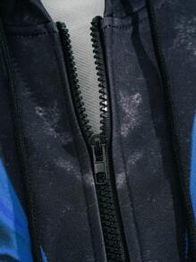 ROMWE MEN Street Life 男士前拉链长袖连帽运动衫，带骷髅印花，休闲日常穿着 - 黑色 - 查看 4