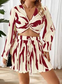SHEIN Clasi 2pcs Plus Size Twist Top With All-Over Print & Skirt Set Fall Cloth For Women - Burgundy - View 1