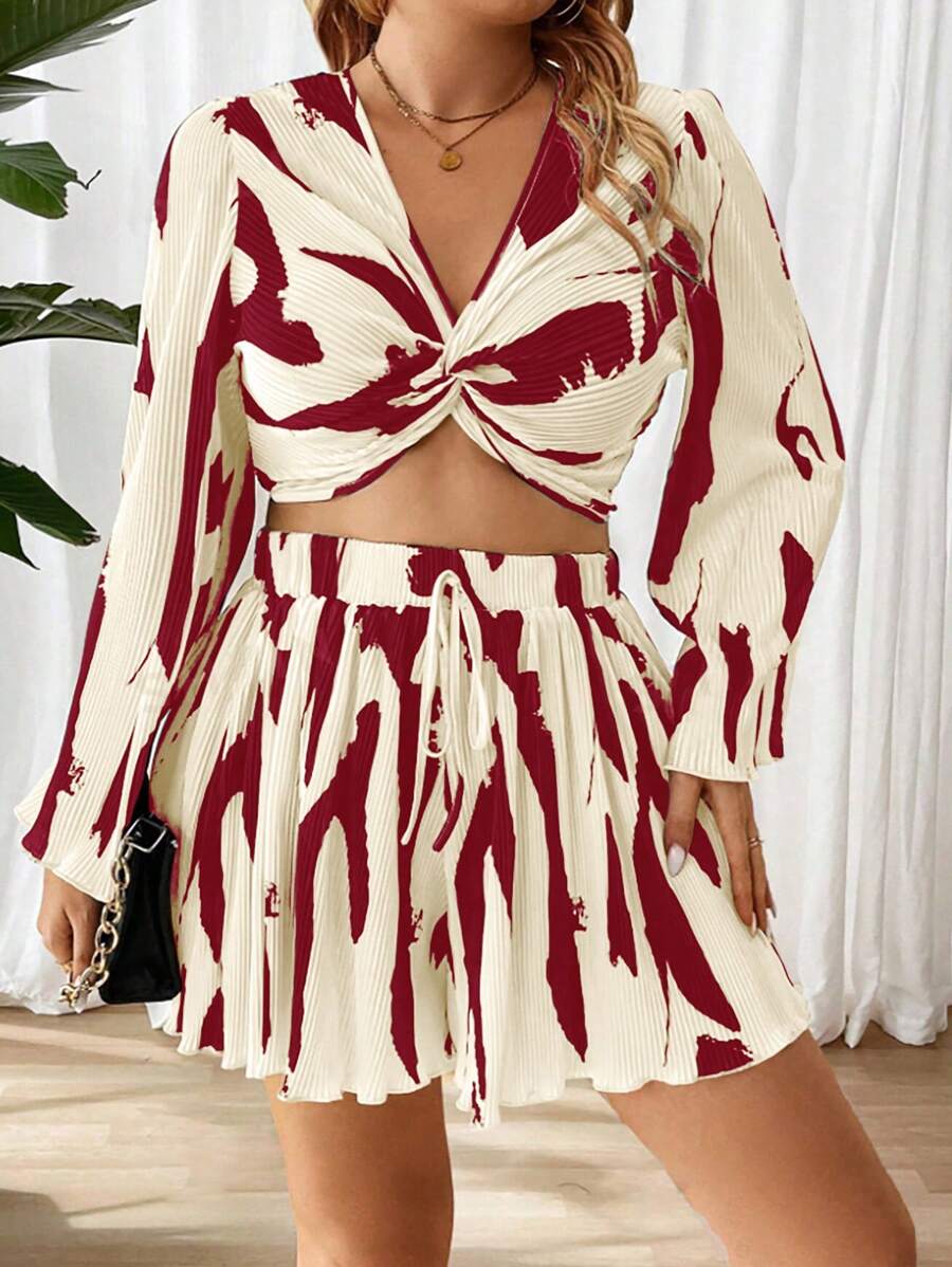 SHEIN Clasi 2pcs Plus Size Twist Top With All-Over Print & Skirt Set Fall Cloth For Women - Burgundy - View 1