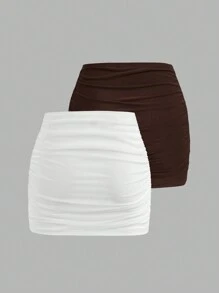 SHEIN EZwear Váy mini mỏng hai lớp lưới mùa hè 2 món/bộ - màu nâu - Xem 2