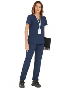 女性夏季純色V領護士制服套裝，包括T恤和褲子 - 藏蓝色 - 查看 6