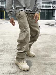 Manfinity EMRG Men's Cargo Pocket Wide Leg Casual Loose Fit Jeans, Plain Olive Green Long Baggy Washed Cargo Jeans, For Husband, Boyfriend Gifts Going Out Hang Out Vacation Urban College - Grey - View 7