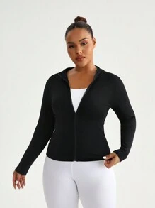 SHEIN Sports Plus Size Plain Zip-Up Front Long Sleeve Casual Sports Jacket - Black - View 4
