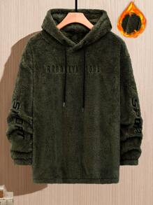 Manfinity Homme Loose Men's Letter Embroidered Drawstring Hooded Sweatshirt With Drop Shoulder - Dark Green - View 3