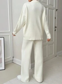 EURMUSE Woman Loose Fit Comfy Warm Thick Polo Neck Sweater And Pants Co-Ords Two Piece Set - Beige - View 5