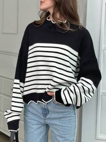 EURMUSE Women Stripe Pattern Mock Neck Drop Shoulder Pullover - Black - View 4