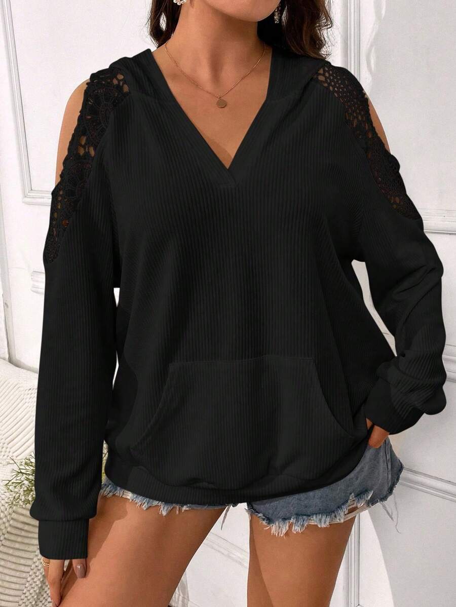 SHEIN LUNE Damen Große Größen Sweatshirt mit offenem Schulterbereich, Langarm, Kapuze und weitem, lässigem Schnitt in Einfarbig