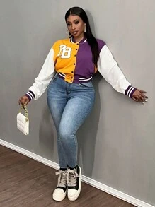 Slaydiva Plus Size Contrast Color Block Casual Sports Jacket Bomber Coat, Autumn - Multicolor - View 3