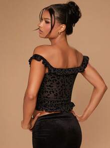 Hauture Top sexy de hombros descubiertos con estampado leopardo en felpa - Negro - Ver 2