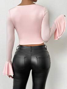 Chiquease Elegant Ruffle Trim Round Neck T-Shirt Fall Cloth For Women - Baby Pink - View 2